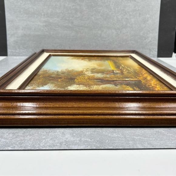 Original Oil Painting Cabin on Pond in Fall Framed Signed by Artist Stone 22x17 - Picture 5 of 9